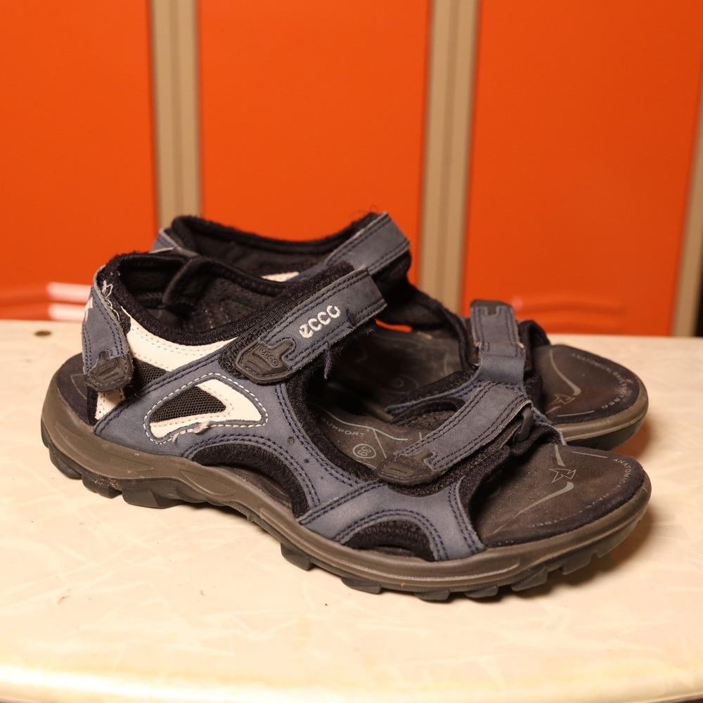 ECCO Mens Sport Sandals Navy Blue Black Leather Hiking Trail Shoes 39 US‎ 8-8.5